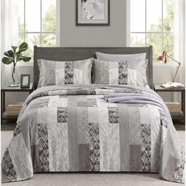 Ever Home Luxury Brushed Microfiber King Flat Sheet Set (270 x 250 CM) – Grey Geometric Aztec Patchwork Print with 2 Pillow Covers, Silky-Soft & Breathable Bedding