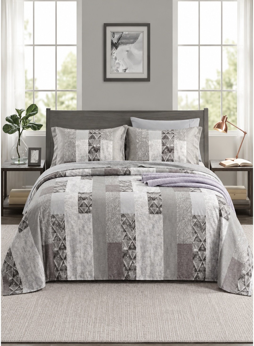 cdb4e374-3228-474d-8e8f-7454c8996110.jpeg Ever Home Luxury Brushed Microfiber King Flat Sheet Set (270 x 250 CM) – Grey Geometric Aztec Patchwork Print with 2 Pillow Covers, Silky-Soft & Breathable Bedding - Image 1