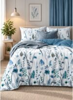 Ever Home 90 GSM Printed Microfiber Flat Bed Sheet Set - King Size (270 x 250 CM) with 1 Flat Sheet and 2 Pillow Covers (50 x 75 CM), Blue Botanical Floral Pattern, White & Blue