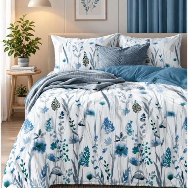 Ever Home 90 GSM Printed Microfiber Flat Bed Sheet Set - King Size (270 x 250 CM) with 1 Flat Sheet and 2 Pillow Covers (50 x 75 CM), Blue Botanical Floral Pattern, White & Blue