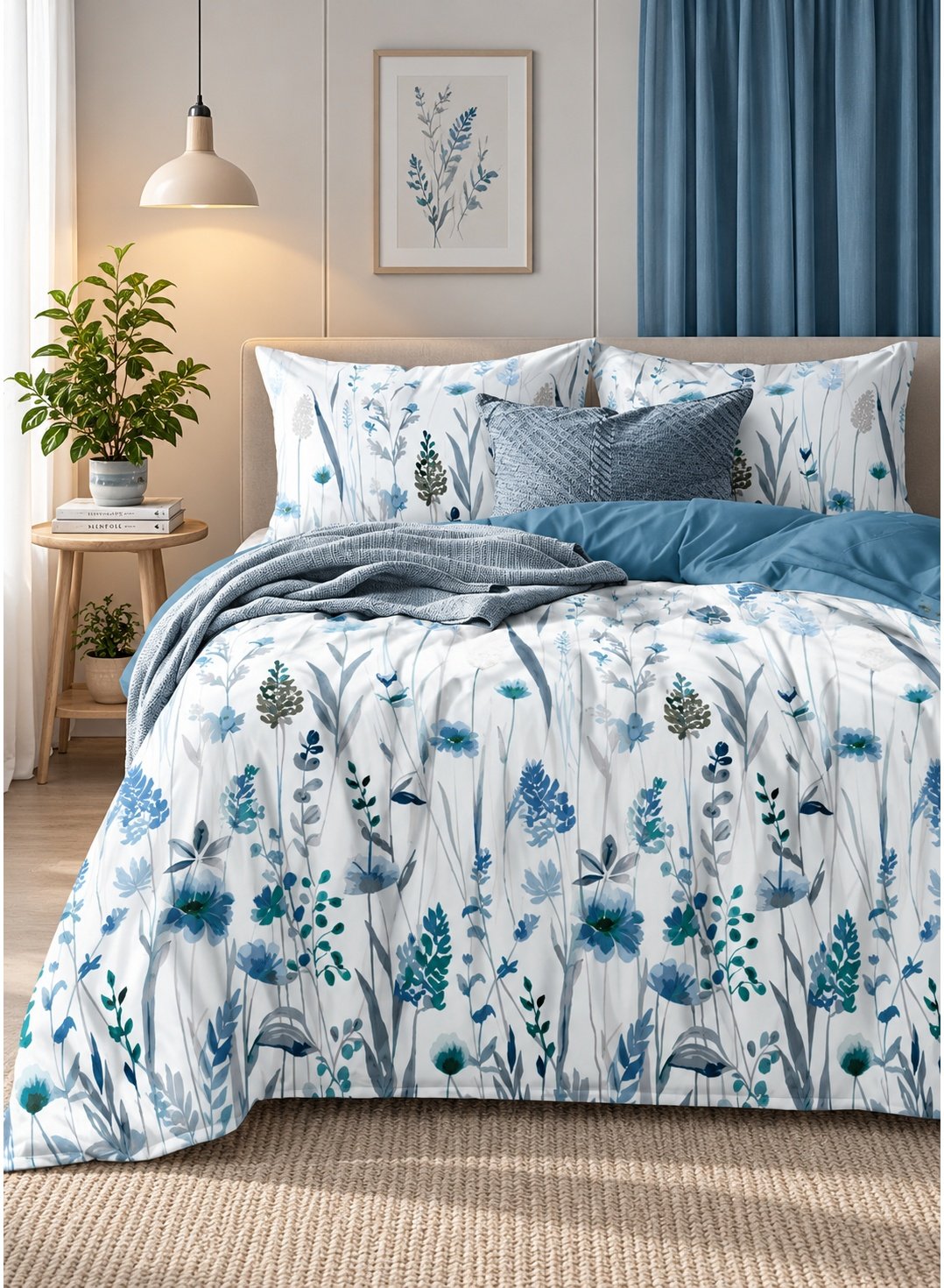 ce276f2e-d53c-44f3-be72-ef634c087ef8.jpeg Ever Home 90 GSM Printed Microfiber Flat Bed Sheet Set - King Size (270 x 250 CM) with 1 Flat Sheet and 2 Pillow Covers (50 x 75 CM), Blue Botanical Floral Pattern, White & Blue - Image 1