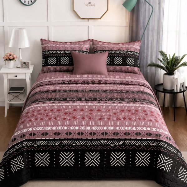 Ever Home Luxury Brushed Microfiber King Flat Bedspread Set (270 x 250 CM) – Boho Tribal Geometric Aztec Print with 2 Pillow Covers, Silky-Soft & Breathable Quilting