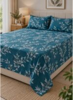 Ever Home Luxury Brushed Microfiber King Flat Sheet Set (270 x 250 CM) – Teal Green White Botanical Leaf Print with 2 Pillow Covers, Silky-Soft & Breathable Bedding