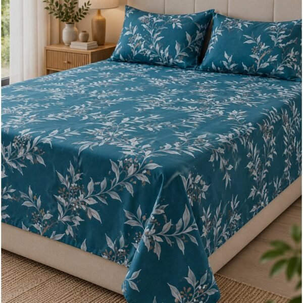 Ever Home Luxury Brushed Microfiber King Flat Sheet Set (270 x 250 CM) – Teal Green White Botanical Leaf Print with 2 Pillow Covers, Silky-Soft & Breathable Bedding