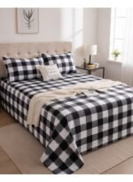 Ever Home Luxury Brushed Microfiber King Flat Sheet Set (270 x 250 CM) – Classic Black & White Buffalo Check Plaid Print with 2 Pillow Covers, Silky-Soft & Breathable Bedding - Image 2