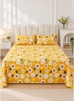 3-Piece Premium King Size Flat Bed Sheet Set - 150 GSM Soft Microfiber Bedding with Vibrant Sunlit Yellow Blossom Print, Includes 1 Flat Sheet (270x250 CM) & 2 Pillowcases (50x75 CM) - Image 2