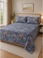 Ever Home Luxury Brushed Microfiber King Flat Sheet Set (270 x 250 CM) – Slate Blue Vintage Floral Print with 2 Pillow Covers, Silky-Soft & Breathable Bedding