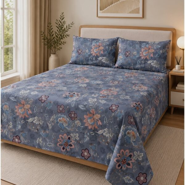 Ever Home Luxury Brushed Microfiber King Flat Sheet Set (270 x 250 CM) – Slate Blue Vintage Floral Print with 2 Pillow Covers, Silky-Soft & Breathable Bedding