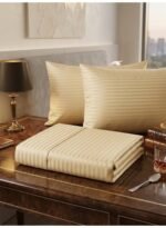 Premium Hotel-Grade King Flat Bed Sheet Set - Luxury Bedding with 300 TC & 1cm Stripe in Golden Beige, 280x270 CM - Image 4