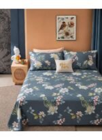 Ever Home Luxury Brushed Microfiber King Flat Sheet Set (270 x 250 CM) – Deep Blue Tropical Water Lily & Palm Leaf Print with 2 Pillow Covers, Silky-Soft & Breathable Bedding - Image 2