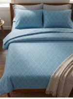 Ever Home Luxury Brushed Microfiber King Flat Sheet Set (270 x 250 CM) – Sky Blue White Wavy Ripple Geometric Print with 2 Pillow Covers, Silky-Soft & Breathable Bedding