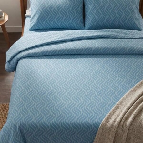 Ever Home Luxury Brushed Microfiber King Flat Sheet Set (270 x 250 CM) – Sky Blue White Wavy Ripple Geometric Print with 2 Pillow Covers, Silky-Soft & Breathable Bedding