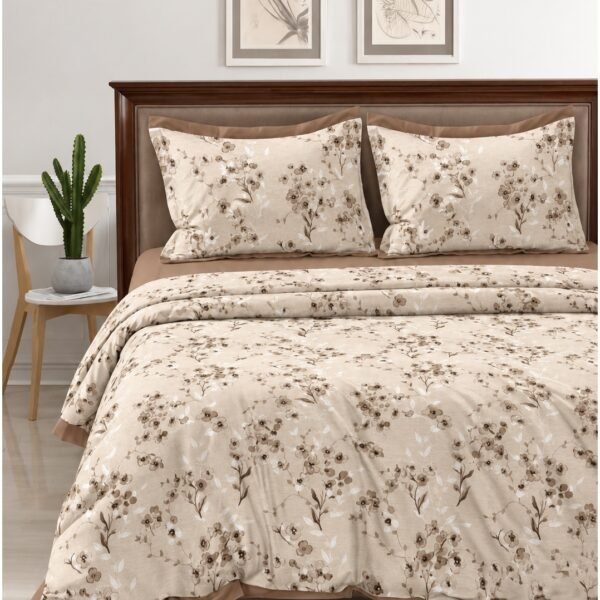 Ever Home 90 GSM Printed Microfiber Flat Bed Sheet Set - King Size (270 x 250 CM) with 1 Flat Sheet and 2 Pillow Covers (50 x 75 CM), Earthy Blossom Floral Pattern, Beige & Brown