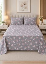 Ever Home Premium 125 GSM Ultra-Soft Flat Bed Sheet Set/Elegant Grey & Pink Blossom Floral Botanical Print/Complete 3-Piece Bedding with 2 Pillow shams/King 270x240 CM