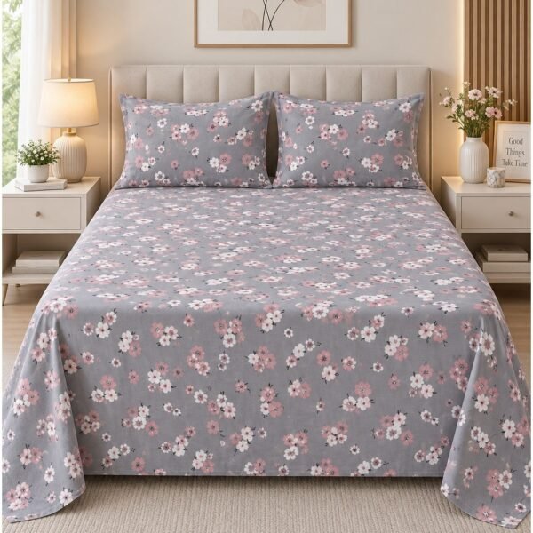 Ever Home Premium 125 GSM Ultra-Soft Flat Bed Sheet Set/Elegant Grey & Pink Blossom Floral Botanical Print/Complete 3-Piece Bedding with 2 Pillow shams/King 270x240 CM