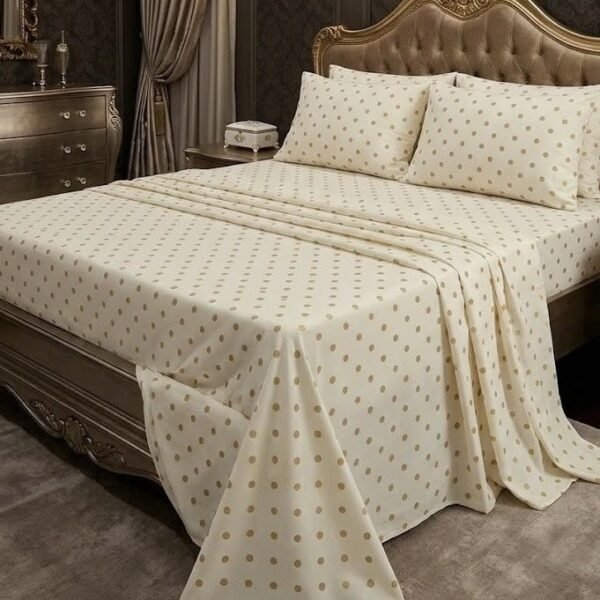 3-Piece King Size Bed Sheet Set - 150 GSM Premium Microfiber Bedding with Classic Polka Dot Print on Cream, Includes 1 Flat Sheet (270x250 CM) & 2 Matching Pillowcases (50x75 CM)