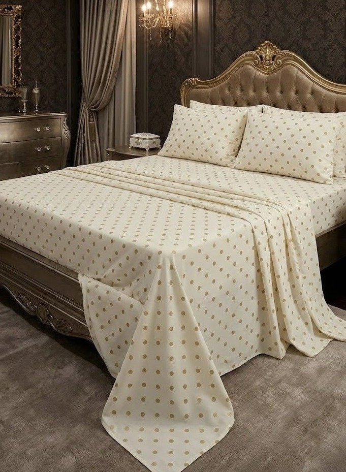da49c24f-c6d6-4ebf-904a-88ab534795b1.jpeg 3-Piece King Size Bed Sheet Set - 150 GSM Premium Microfiber Bedding with Classic Polka Dot Print on Cream, Includes 1 Flat Sheet (270x250 CM) & 2 Matching Pillowcases (50x75 CM) - Image 1