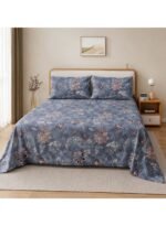 Ever Home Luxury Brushed Microfiber King Flat Sheet Set (270 x 250 CM) – Slate Blue Vintage Floral Print with 2 Pillow Covers, Silky-Soft & Breathable Bedding - Image 2