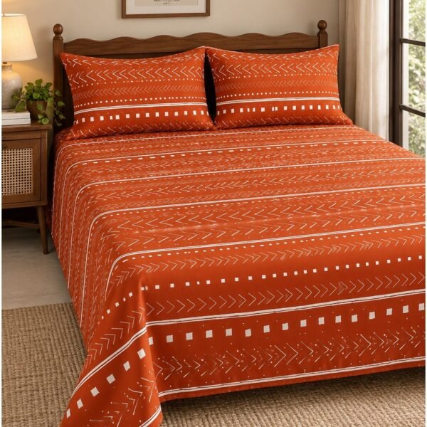Ever Home Luxury Brushed Microfiber King Flat Sheet Set (270 x 250 CM) – Terracotta Orange Tribal Mudcloth Print with 2 Pillow Covers, Silky-Soft & Breathable Bedding