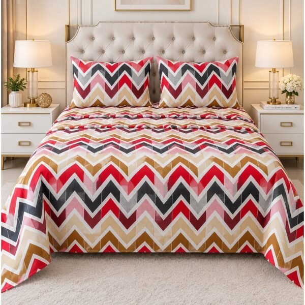 Ever Home Modern Multicolored Zig-Zag Chevron Pattern King Flat Bed Sheet Set, Luxury 125 GSM Soft Breathable Fabric, Designer Bedding with 2 Pillowcases, 270x240 CM