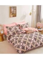 Ever Home Luxury Brushed Microfiber King Flat Bed Sheet Set (270 x 250 CM) – Taupe Brown & Pink Lattice Baroque Damask Print with 2 Pillow Covers, Silky-Soft & Breathable Bedding - Image 3