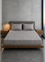 Ever Home 3-Piece Grey Cherry Blossom Flat Sheet Set/Delicate Japanese Sakura Branch Print / 125 GSM Silk-Touch Breathable Fabric/King Size 270x240 CM with 2 Pillow Cases