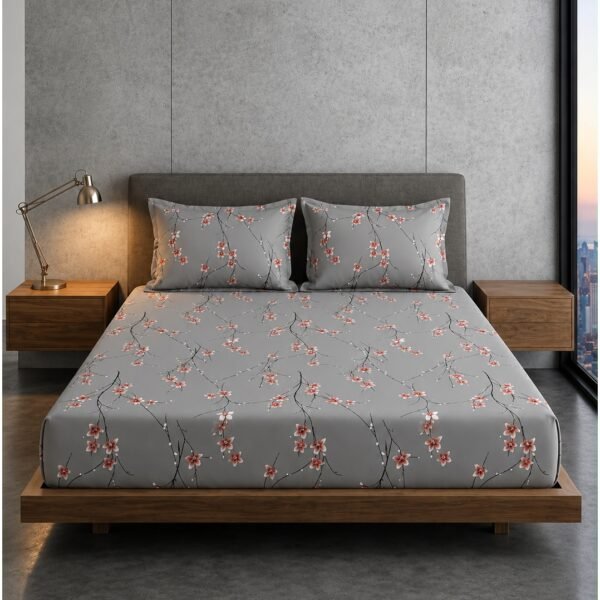 Ever Home 3-Piece Grey Cherry Blossom Flat Sheet Set/Delicate Japanese Sakura Branch Print / 125 GSM Silk-Touch Breathable Fabric/King Size 270x240 CM with 2 Pillow Cases