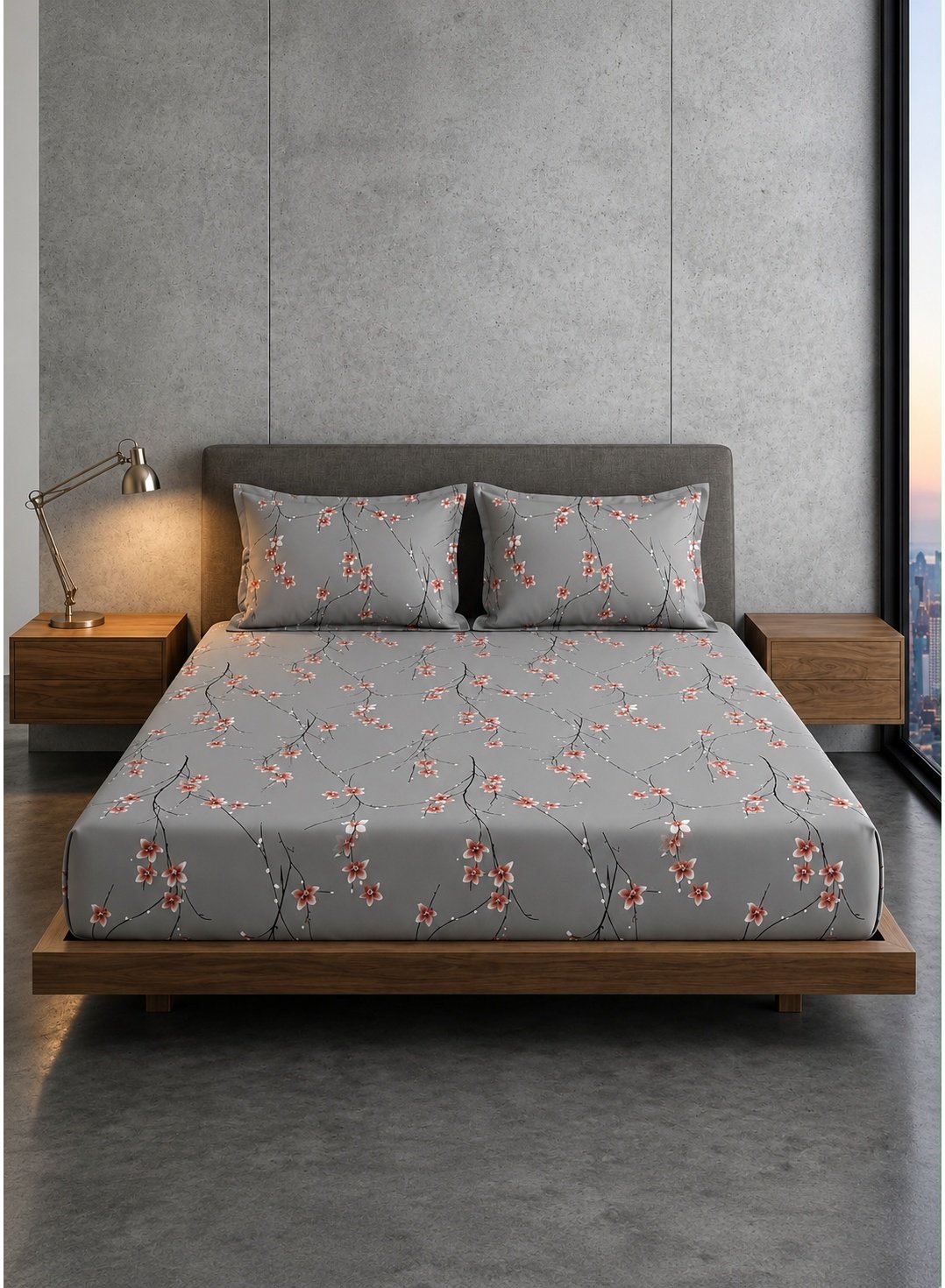 e1f86555-6aa3-4ba4-a63f-c8543c788a47.jpeg Ever Home 3-Piece Grey Cherry Blossom Flat Sheet Set/Delicate Japanese Sakura Branch Print / 125 GSM Silk-Touch Breathable Fabric/King Size 270x240 CM with 2 Pillow Cases - Image 1