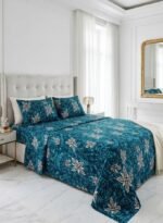Ever Home Premium 125 GSM Ultra-Soft Flat Bed Sheet Set/Exquisite Teal Blue & White Batik Floral Art Print/Complete 3-Piece Bedding with 2 Pillow shams/King 270x240 CM
