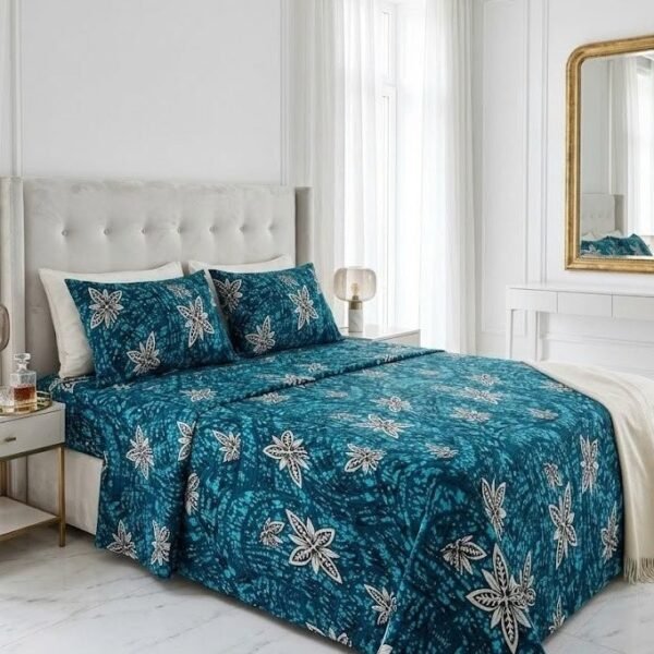 Ever Home Premium 125 GSM Ultra-Soft Flat Bed Sheet Set/Exquisite Teal Blue & White Batik Floral Art Print/Complete 3-Piece Bedding with 2 Pillow shams/King 270x240 CM