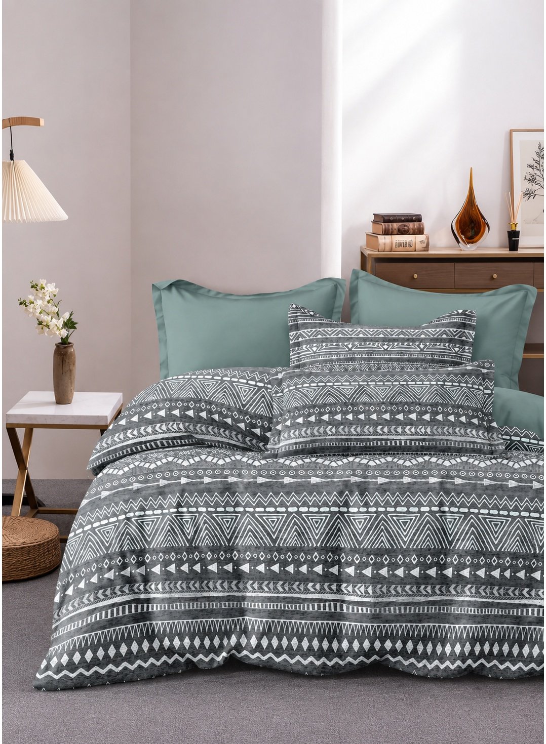 e6114687-6219-4453-9e4d-e1d875255971.jpeg Ever Home 90 GSM Printed Microfiber Bedsheet Set - King Size (270 x 250 CM) with 2 Pillow Covers (50 x 75 CM), Modern Bohemian Geometric Pattern Soft Flat Bed Sheet, Grey - Image 1