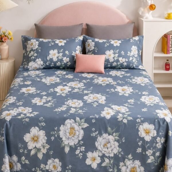 Ever Home Luxury Brushed Microfiber King Flat Sheet Set (270 x 250 CM) – Slate Blue White Peony Floral Botanical Print with 2 Pillow Covers, Silky-Soft & Breathable Bedding