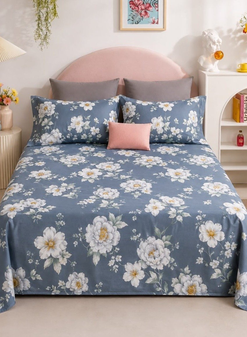 e78fc12d-b789-49cd-801a-d28c72446bc0.jpeg Ever Home Luxury Brushed Microfiber King Flat Sheet Set (270 x 250 CM) – Slate Blue White Peony Floral Botanical Print with 2 Pillow Covers, Silky-Soft & Breathable Bedding - Image 1