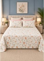 3-Piece King Size Bed Sheet Set - Premium Soft Cotton Bedding with Elegant Orange Floral Botanical Print, Includes 1 Flat Sheet & 2 Pillowcases (Cream/Orange)