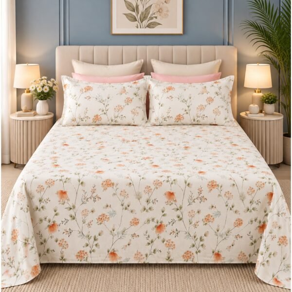 3-Piece King Size Bed Sheet Set - Premium Soft Cotton Bedding with Elegant Orange Floral Botanical Print, Includes 1 Flat Sheet & 2 Pillowcases (Cream/Orange)