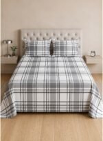 Ever Home 3-Piece Modern Grey Plaid Flat Sheet Set/Classic Tartan Check Pattern / 125 GSM Breathable Microfiber Fabric/King Size 270x240 CM with 2 Pillow Cases