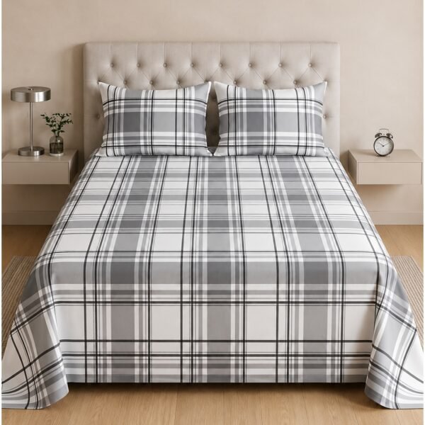 Ever Home 3-Piece Modern Grey Plaid Flat Sheet Set/Classic Tartan Check Pattern / 125 GSM Breathable Microfiber Fabric/King Size 270x240 CM with 2 Pillow Cases
