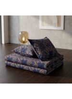 Ever Home 3-Piece Navy Blue Traditional Ethnic Flat Sheet Bundle/Gold Geometric & Floral Damask Motifs / 125 GSM Lightweight Breathable Textile/King Size 270x240 CM with 2 Pillow Cases - Image 3