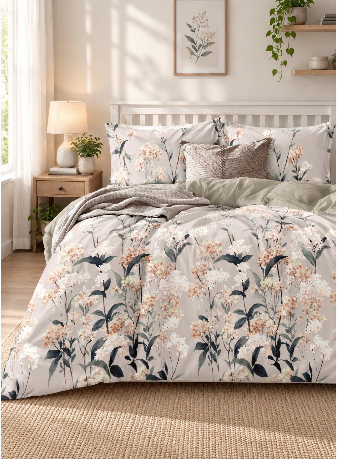 ecd5fe9a-67ca-4eae-9a31-bca4285f9216.jpeg Ever Home 90 GSM Printed Microfiber Flat Bed Sheet Set - King Size (270 x 250 CM) with 1 Flat Sheet and 2 Pillow Covers (50 x 75 CM), Wildflower Meadow Pattern, Warm Taupe & Multi - Image 1