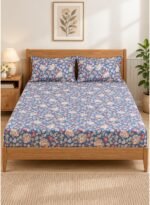 3-Piece King Size Bed Sheet Set - 150 GSM Premium Microfiber Bedding with Vintage Peony Floral Print on Blue, Includes 1 Flat Sheet (270x250 CM) & 2 Matching Pillowcases (50x75 CM)
