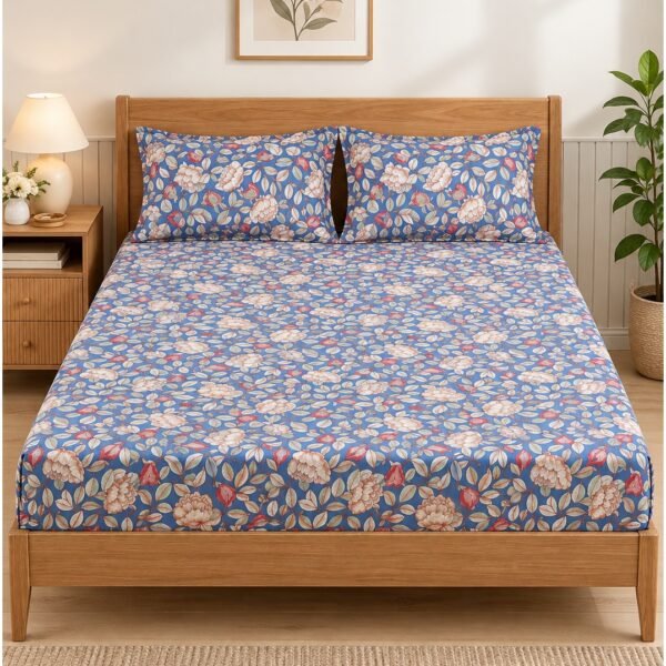 3-Piece King Size Bed Sheet Set - 150 GSM Premium Microfiber Bedding with Vintage Peony Floral Print on Blue, Includes 1 Flat Sheet (270x250 CM) & 2 Matching Pillowcases (50x75 CM)