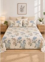 3-Piece King Size Bed Sheet Set - 150 GSM Premium Microfiber Bedding with Elegant Blue Hydrangea & Botanical Print on Cream, Includes 1 Flat Sheet (270x250 CM) & 2 Matching Pillowcases (50x75 CM)