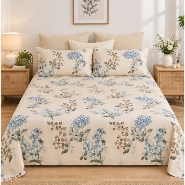 3-Piece King Size Bed Sheet Set - 150 GSM Premium Microfiber Bedding with Elegant Blue Hydrangea & Botanical Print on Cream, Includes 1 Flat Sheet (270x250 CM) & 2 Matching Pillowcases (50x75 CM)