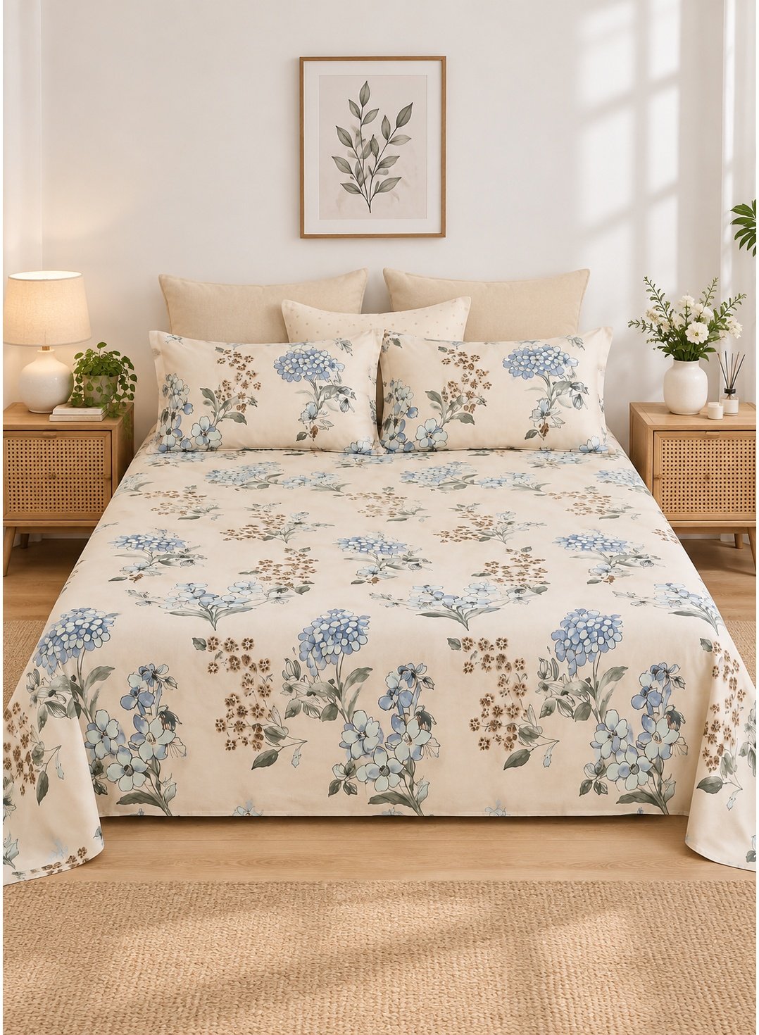 f15b6799-c76d-44a0-ac3a-1034618fa08b.jpeg 3-Piece King Size Bed Sheet Set - 150 GSM Premium Microfiber Bedding with Elegant Blue Hydrangea & Botanical Print on Cream, Includes 1 Flat Sheet (270x250 CM) & 2 Matching Pillowcases (50x75 CM) - Image 1
