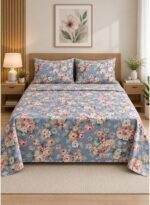 Ever Home 3-Piece Dusty Blue Vintage Rose Flat Sheet Set/Romantic English Country Garden Pink & Cream Floral Print / 125 GSM Silk-Touch Breathable Fabric/King Size 270x240 CM with 2 Pillow Cases
