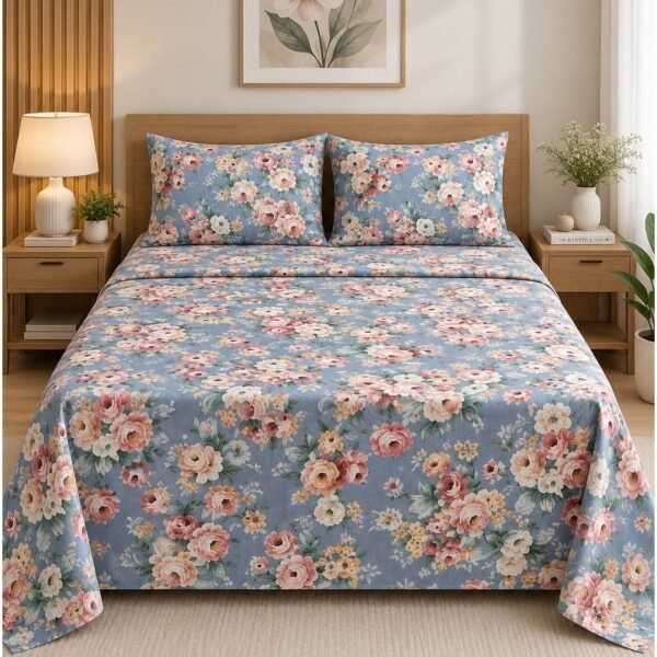 Ever Home 3-Piece Dusty Blue Vintage Rose Flat Sheet Set/Romantic English Country Garden Pink & Cream Floral Print / 125 GSM Silk-Touch Breathable Fabric/King Size 270x240 CM with 2 Pillow Cases