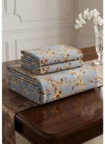 Ever Home Floral & Blossom Print Blue & Gold King Flat Bed Sheet Set, Luxury 125 GSM Soft Breathable Fabric, Nature-Inspired Designer Bedding with 2 Pillowcases, 270x240 CM - Image 2
