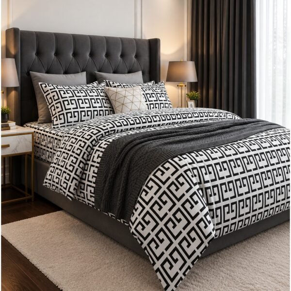 Ever Home Luxury Brushed Microfiber King Flat Sheet Set (270 x 250 CM) – Modern Black & White Geometric Greek Key Print with 2 Pillow Covers, Silky-Soft & Breathable Bedding