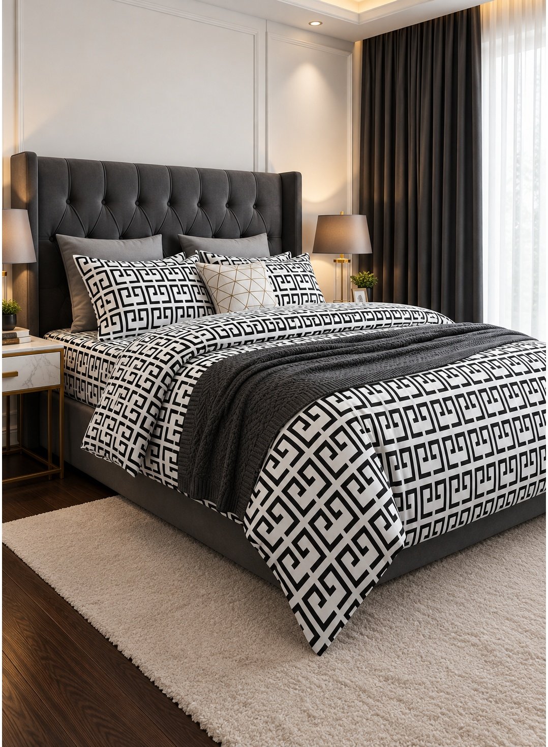 f70ab3a0-3f91-403d-849f-cf85f6087c1b.jpeg Ever Home Luxury Brushed Microfiber King Flat Sheet Set (270 x 250 CM) – Modern Black & White Geometric Greek Key Print with 2 Pillow Covers, Silky-Soft & Breathable Bedding - Image 1