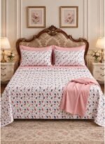 3-Piece King Size Flat Bed Sheet Set - 150 GSM Soft Microfiber Bedding with Charming Red & Blue Floral Bud Print, Includes 1 Flat Sheet (270x250 CM) & 2 Pillowcases (50x75 CM)